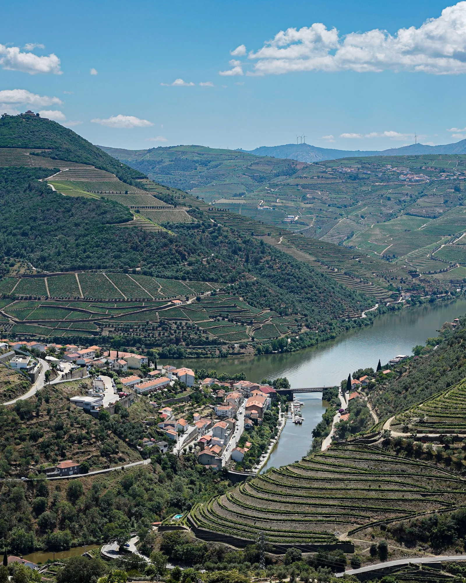 Vista aérea das vinhas em socalcos em redor do Pinhão, no vale do Douro